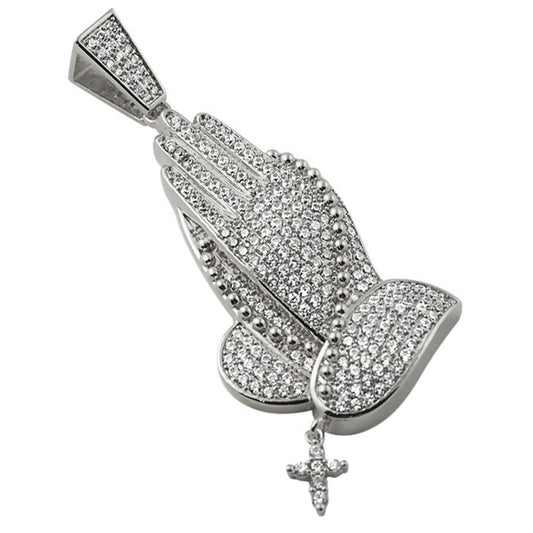 Praying Hands Bling Rhodium Pendant Dangling Cross