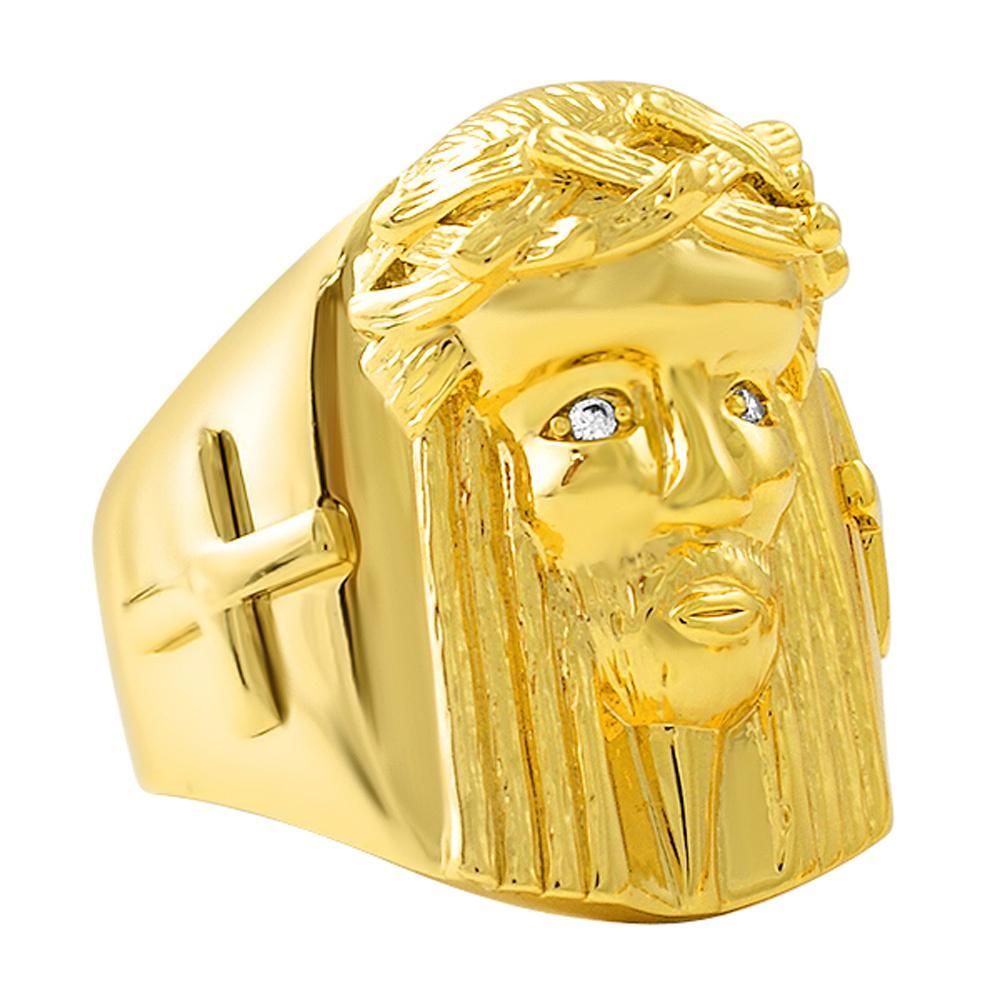Gold Jesus Piece Ring with Cross