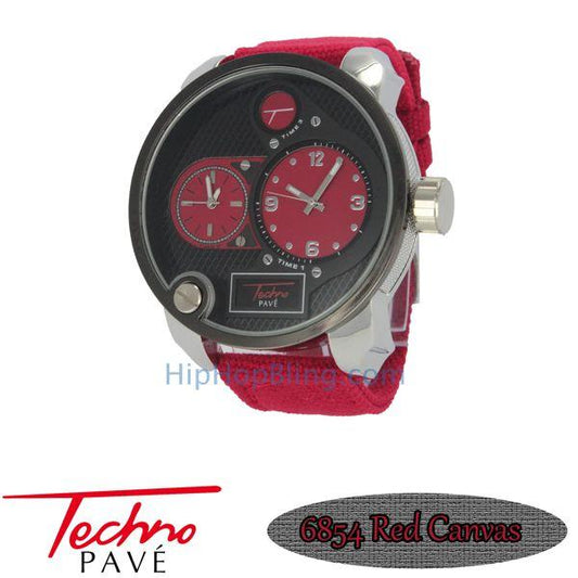 All Red Canvas Band Dual Time Zone Silver Watch