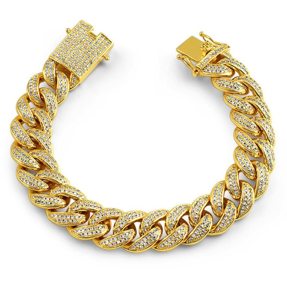 .925 Silver Gold Miami Cuban CZ Bling Bracelet Ice Lock