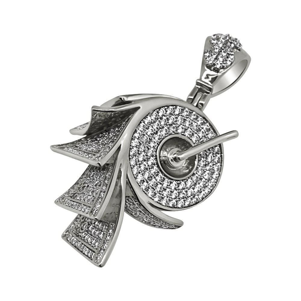 .925 Silver Money on a Roll Rhodium CZ Bling Bling Pendant (Free 36 Inch Bead Chain)