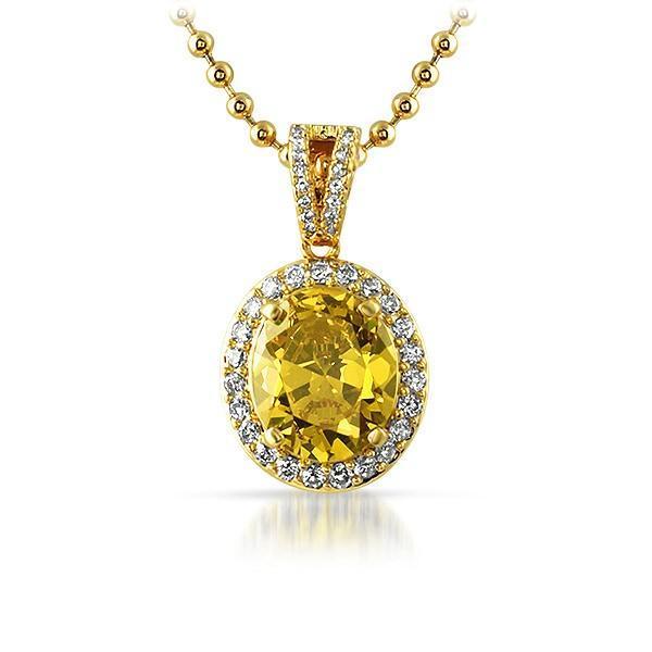 .925 Silver Gold Oval Yellow Gem Iced Out Pendant