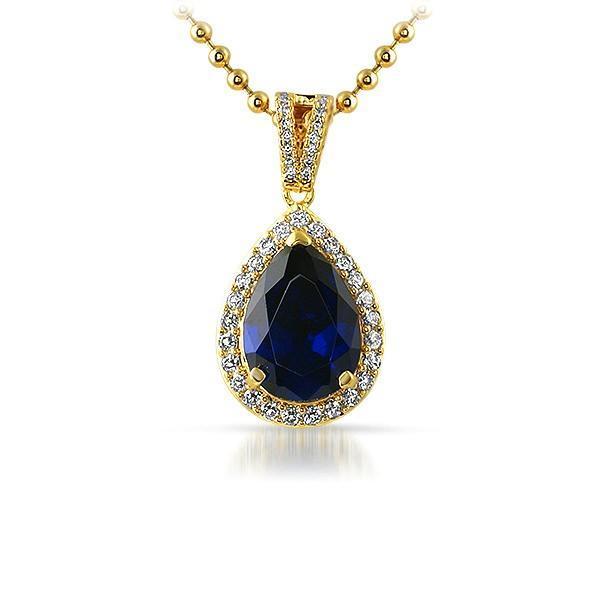 .925 Silver Blue Pear Cut Gem Iced Out Gold Pendant (Free 36 Inch Bead Chain)