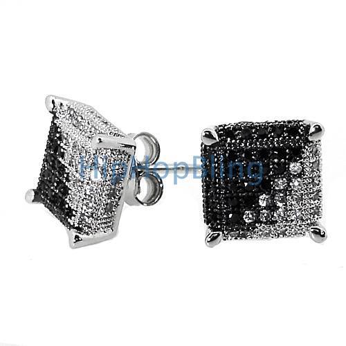 3D Cube Large CZ Black & White Diagonal .925 Silver Earrings