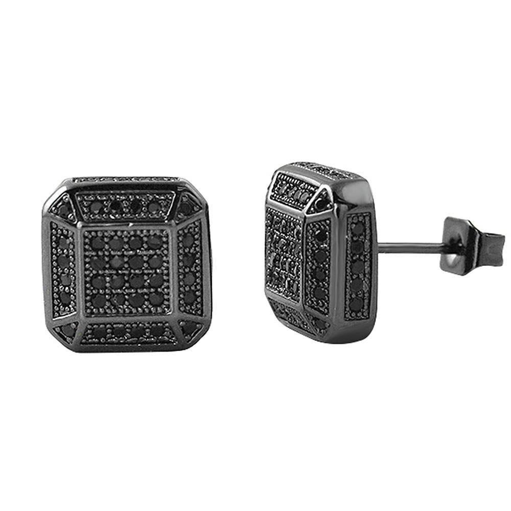 3D Smooth Box Black CZ Micro Pave Bling Earrings