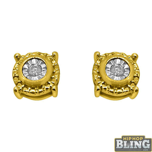 Round Fancy Diamond Hip Hop Earrings Gold .925
