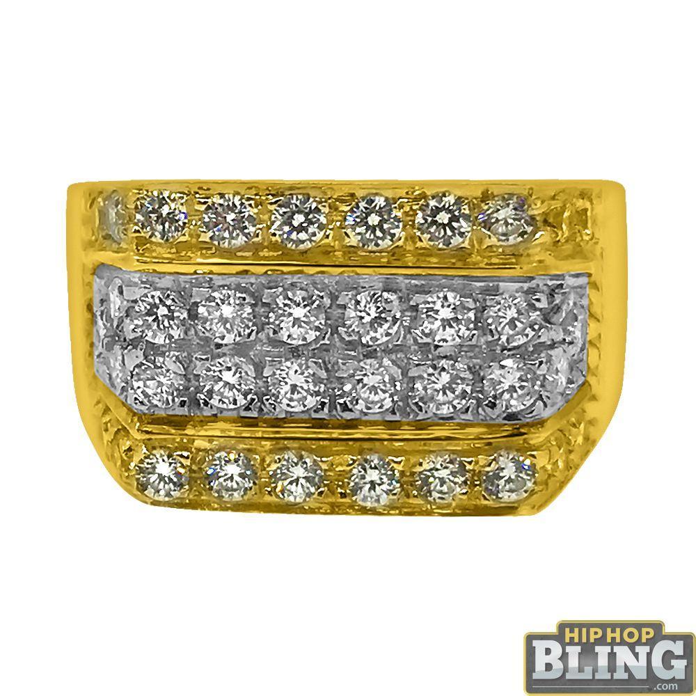 10K Yellow Gold CZ Ice Bars Bling Mens Ring