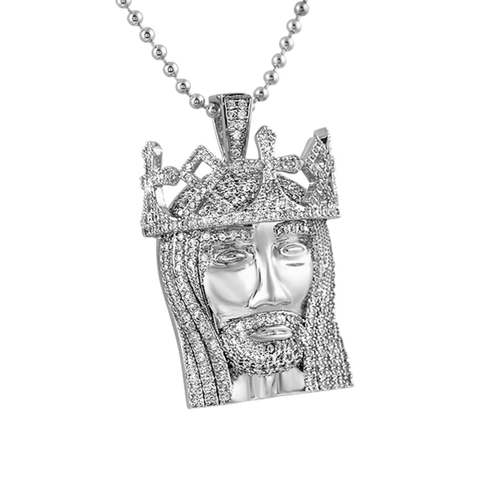 3D Crown Mini Detailed Jesus Rhodium Pendant