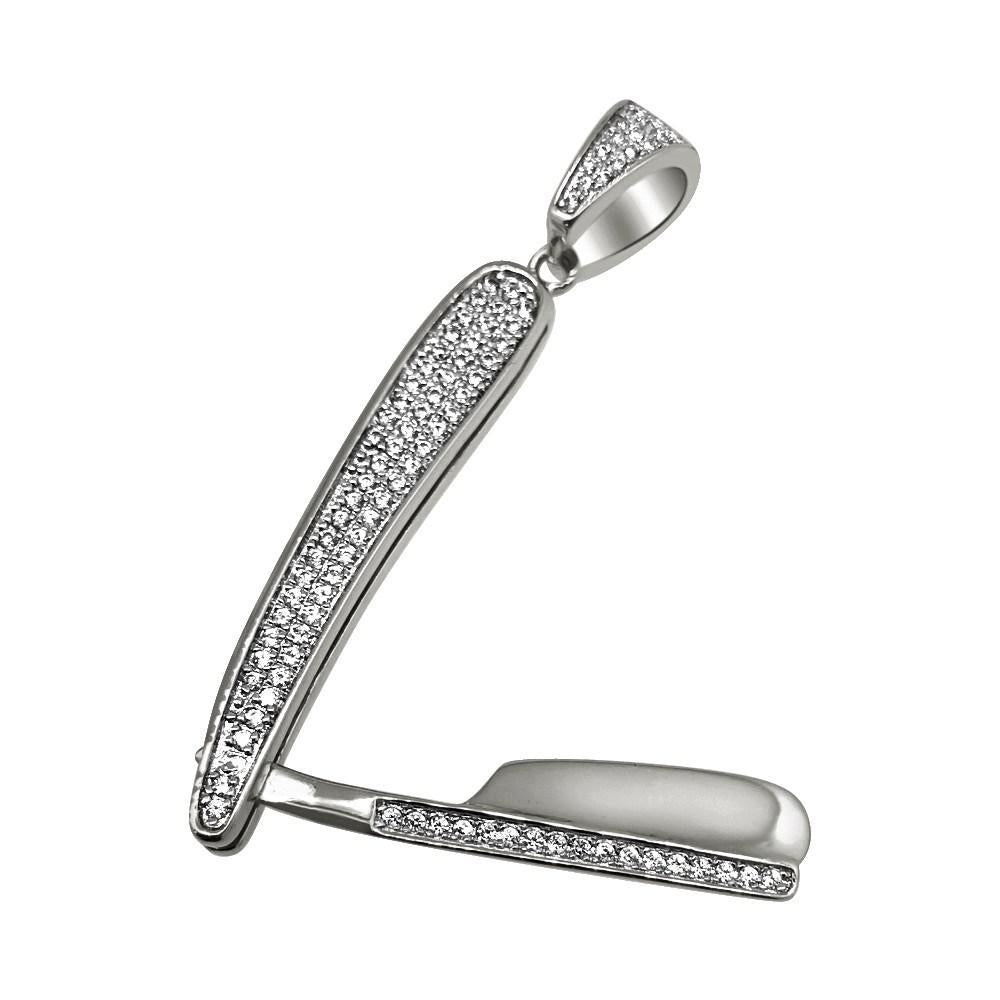 Rhodium Barber Razor CZ Bling Bling Pendant