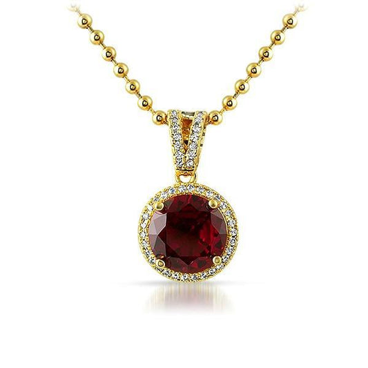 .925 Silver Gold M Round Red Gem Bling Pendant