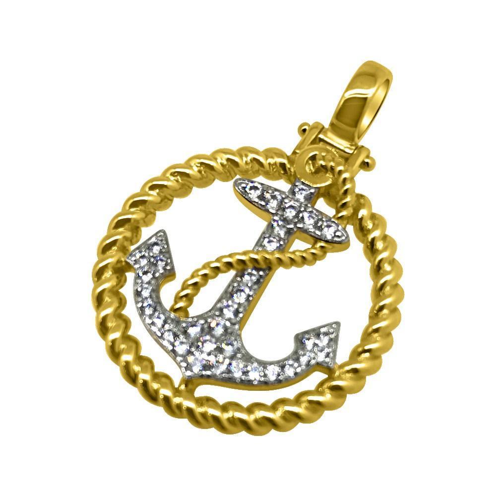 .925 Silver Gold Nautical Anchor CZ Bling Mini Pendant
