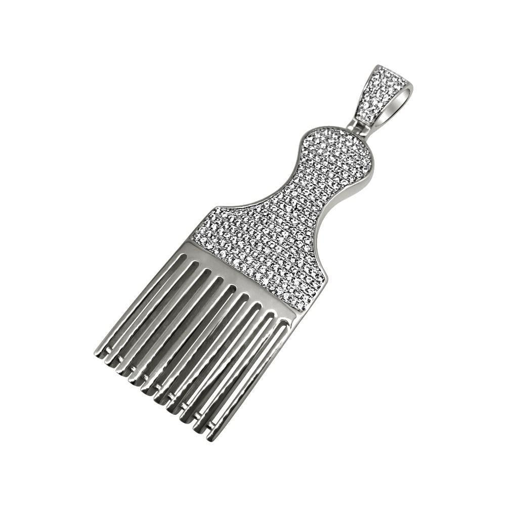 .925 Silver Hair Pic Barber Rhodium CZ Bling Bling Pendant (Free 36 Inch Bead Chain)