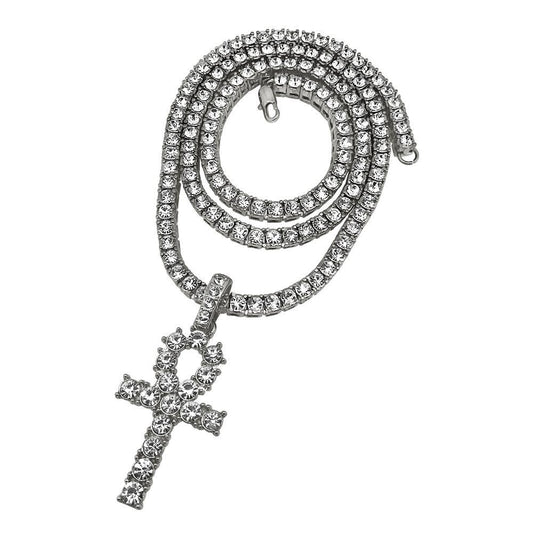 Rhodium Ankh Bling Bling Cross Tennis Chain Set Special