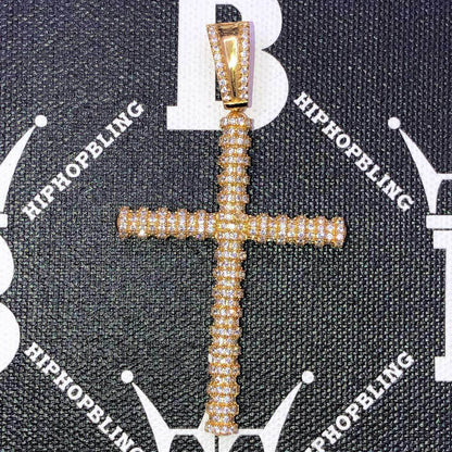 Gold Intricate Cylinder Cross CZ Pendant .925 Sterling Silver