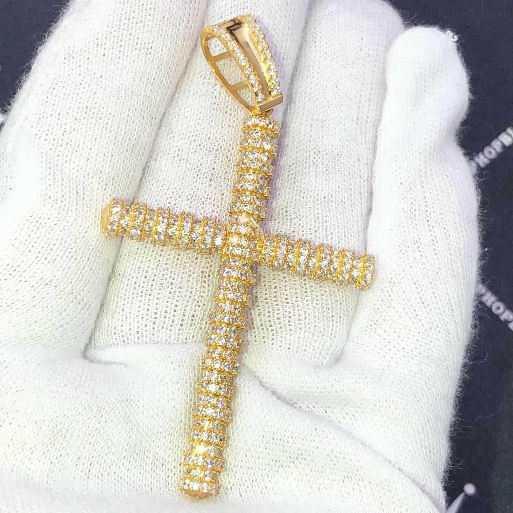 Gold Intricate Cylinder Cross CZ Pendant .925 Sterling Silver