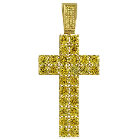 Double Diamond CZ Canary Gold Bling Bling Cross