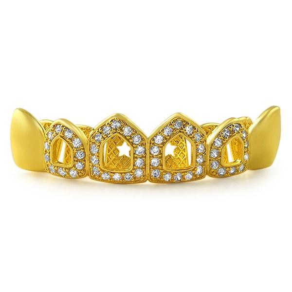 Polished 4 Open Tooth CZ Bling Bling Gold Grillz Top Teeth