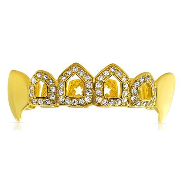 Fang Open Tooth Gold CZ Bling Bling Grillz Top