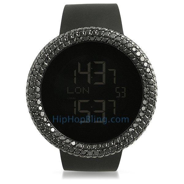 Digital Custom Rounded Black CZ Bezel Bling Watch