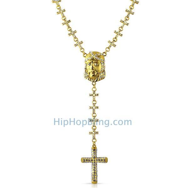 Gold Jesus Piece Cross Link Totally Iced Out Rosary Necklace