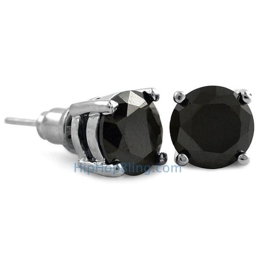 Black CZ Diamond Round Stud Earrings Rhodium