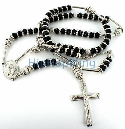 Black Raw Ice Silver Bling Bling Rosary Necklace
