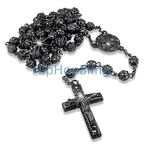 Bling Bling Fully Bling Bead Black Rosary Necklace