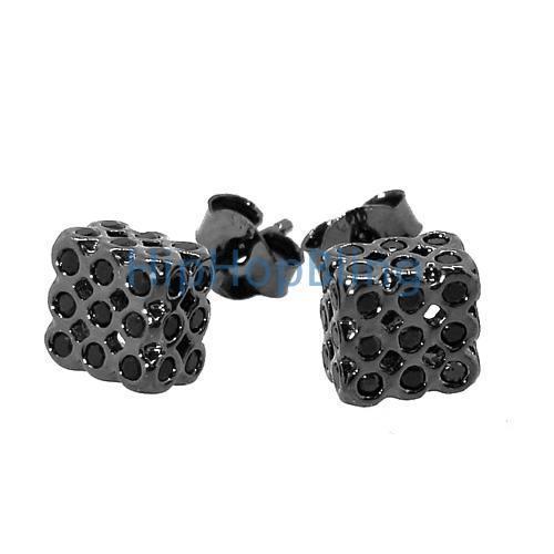 All Black 3D Bezel Cube .925 Silver Iced Out Earrings