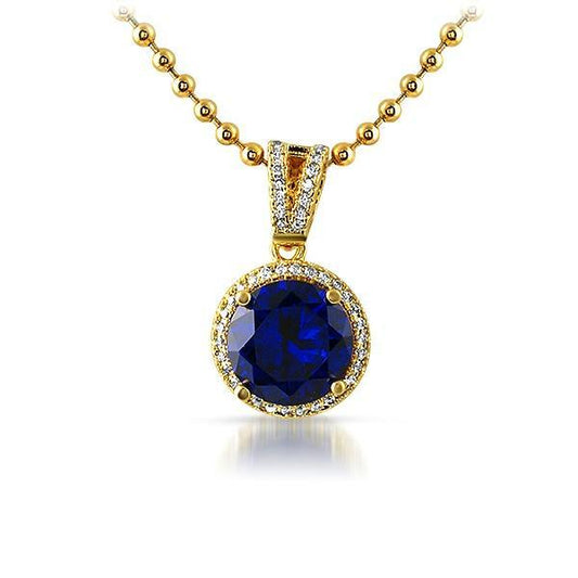 .925 Silver Gold M Round Blue Gem Iced Pendant