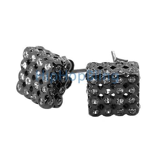 3D LG White on Black CZ Cube Bezel .925 Silver Micro Pave Earrings