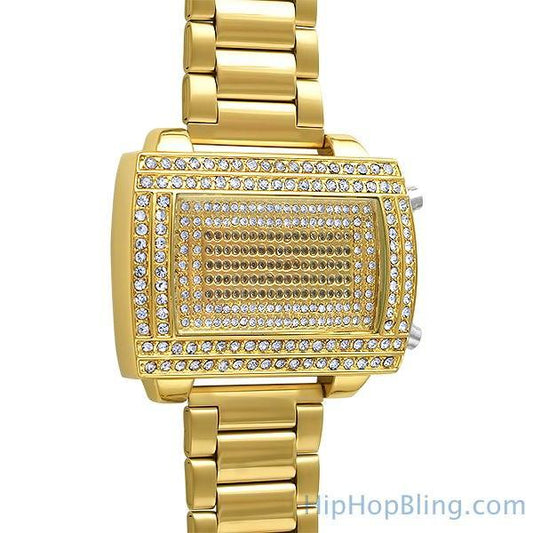 LED Digital Block Face Gold Bling Metal Watch