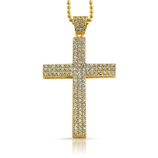 Gold Triple Bling Bling CZ Micro Pave Cross