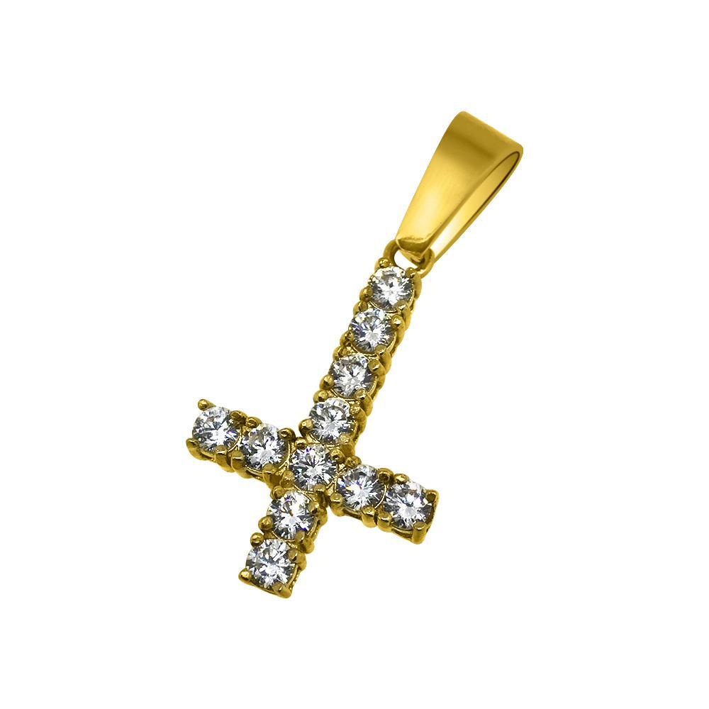 Upside Down Cross 3MM CZ Tennis Pendant Bling Gold Steel
