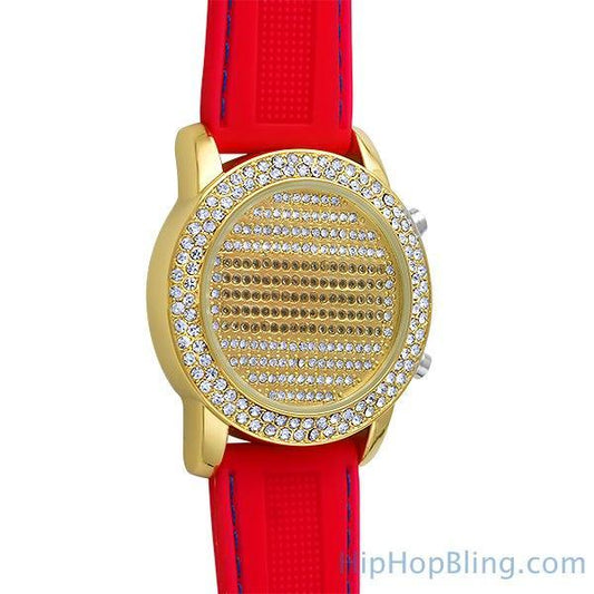 LED Digital Round Face Gold Watch Red Band