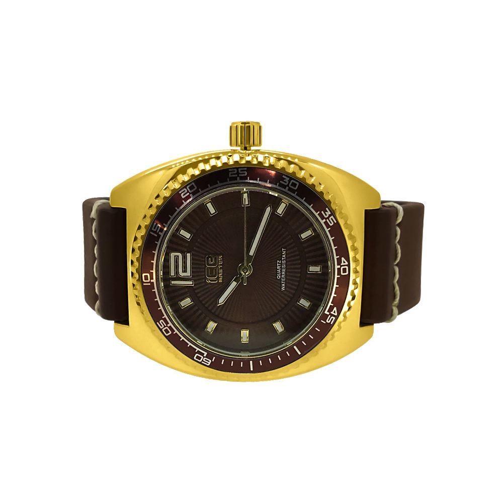 Gold Divers Watch with Thick Brown Leather Band