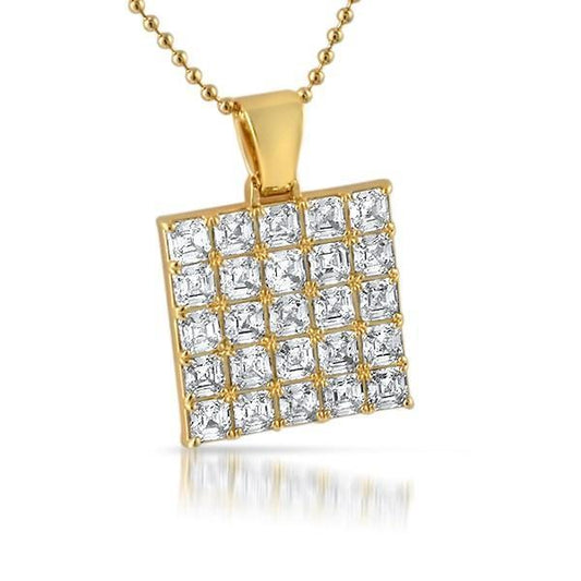 .925 Silver Asscher Cut CZ Bling Bling Gold Block Pendant