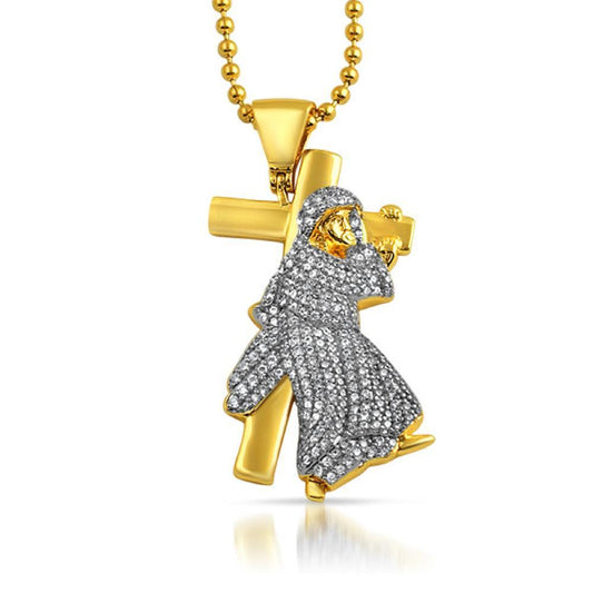 Jesus Carrying Cross Gold CZ Bling Bling Pendant