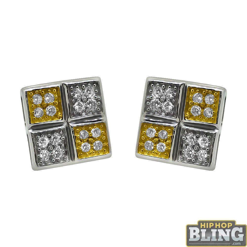 .925 Sterling Silver 2 Tone Quad Box CZ Earrings