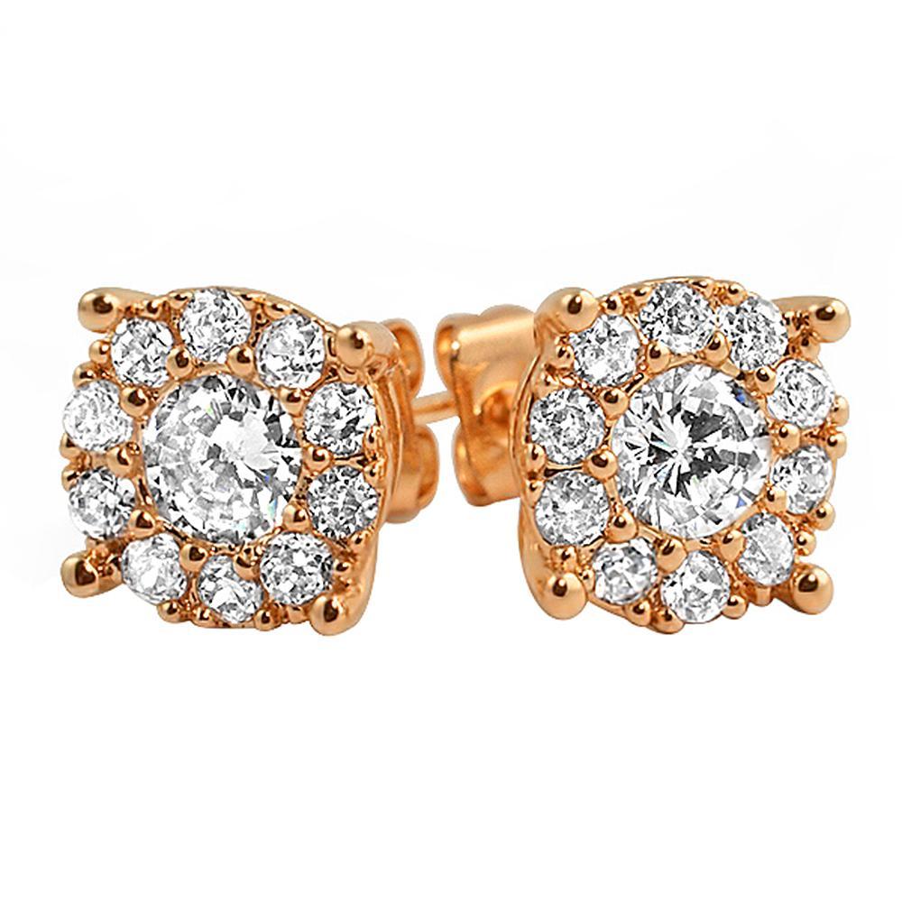 Rose Gold Solitaire Cluster CZ Iced Out Earrings