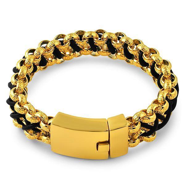 Rolo Greek Link Leather Woven Gold Steel Bracelet