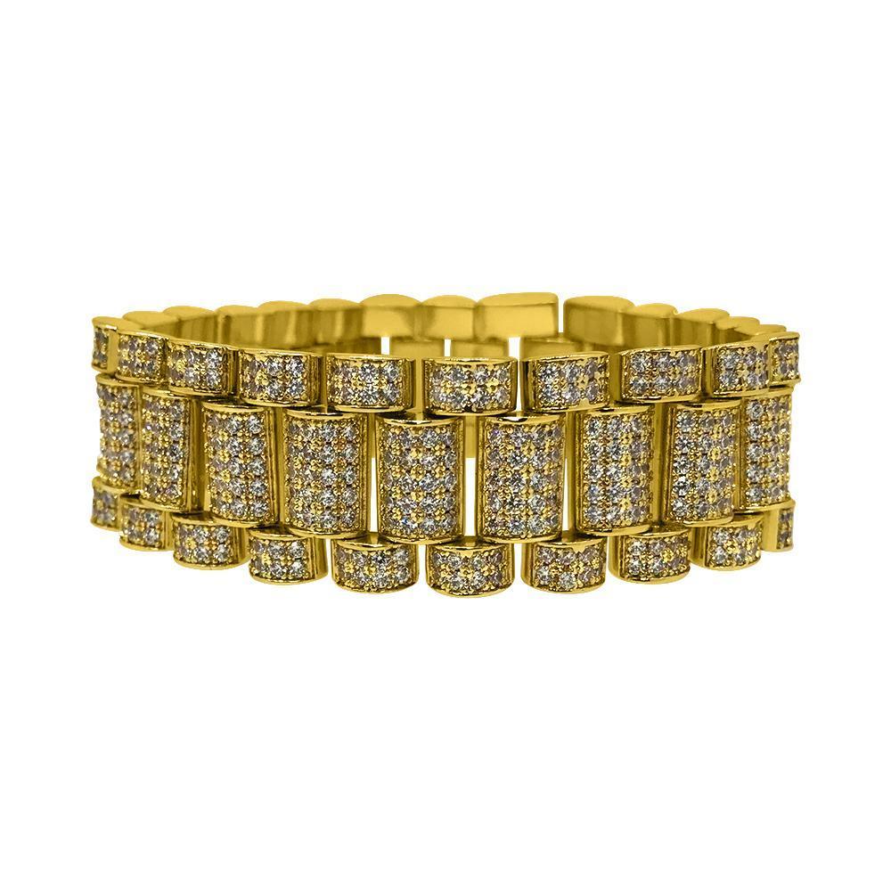 .925 Sterling Silver President CZ Bling Bling Bracelet 22MM in Gold