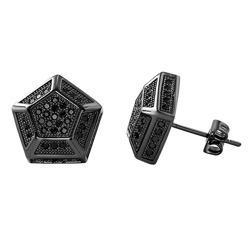 3D Pentagon Black CZ Bling Bling Earrings