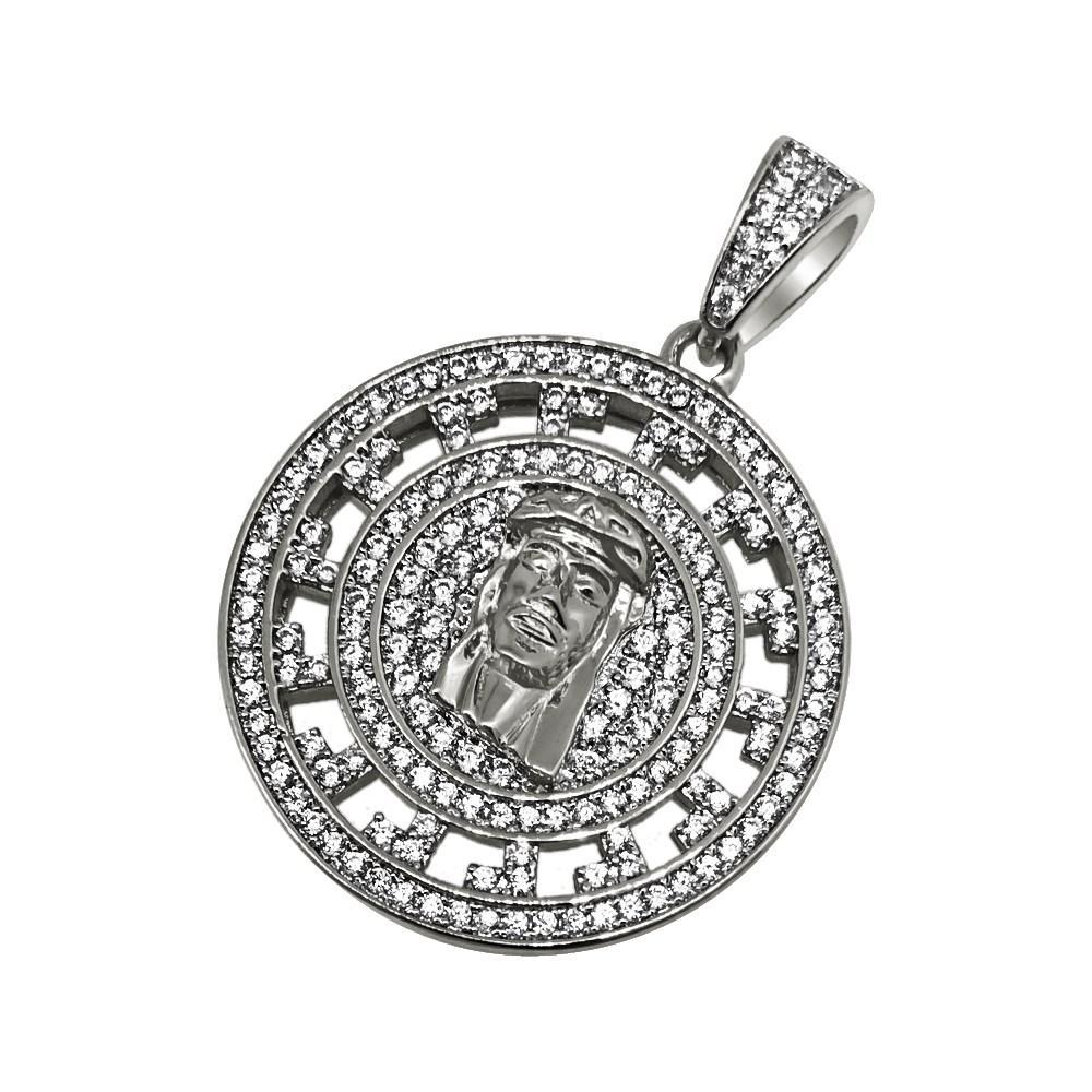 .925 Silver Jesus Greek Pattern Rhodium CZ Circle Pendant