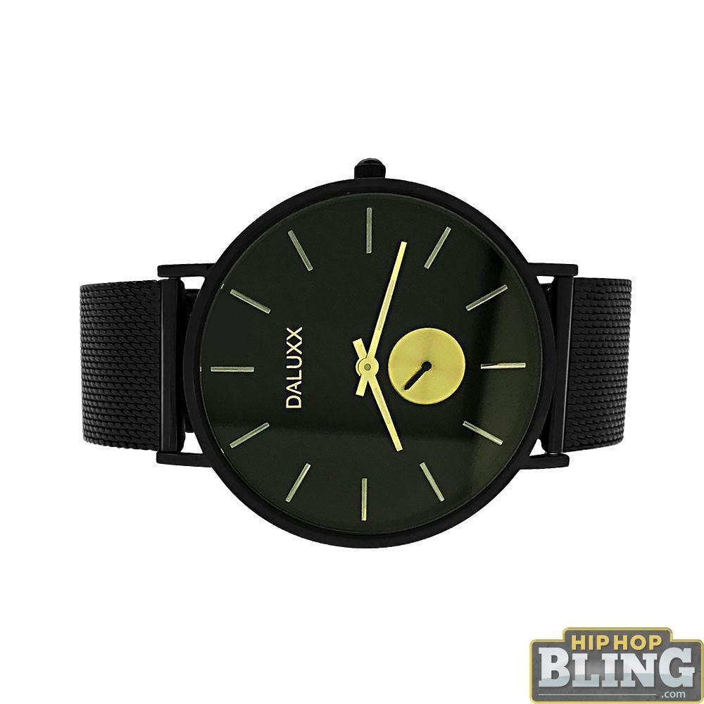 Black Mesh Watch Gold Subdial Markers