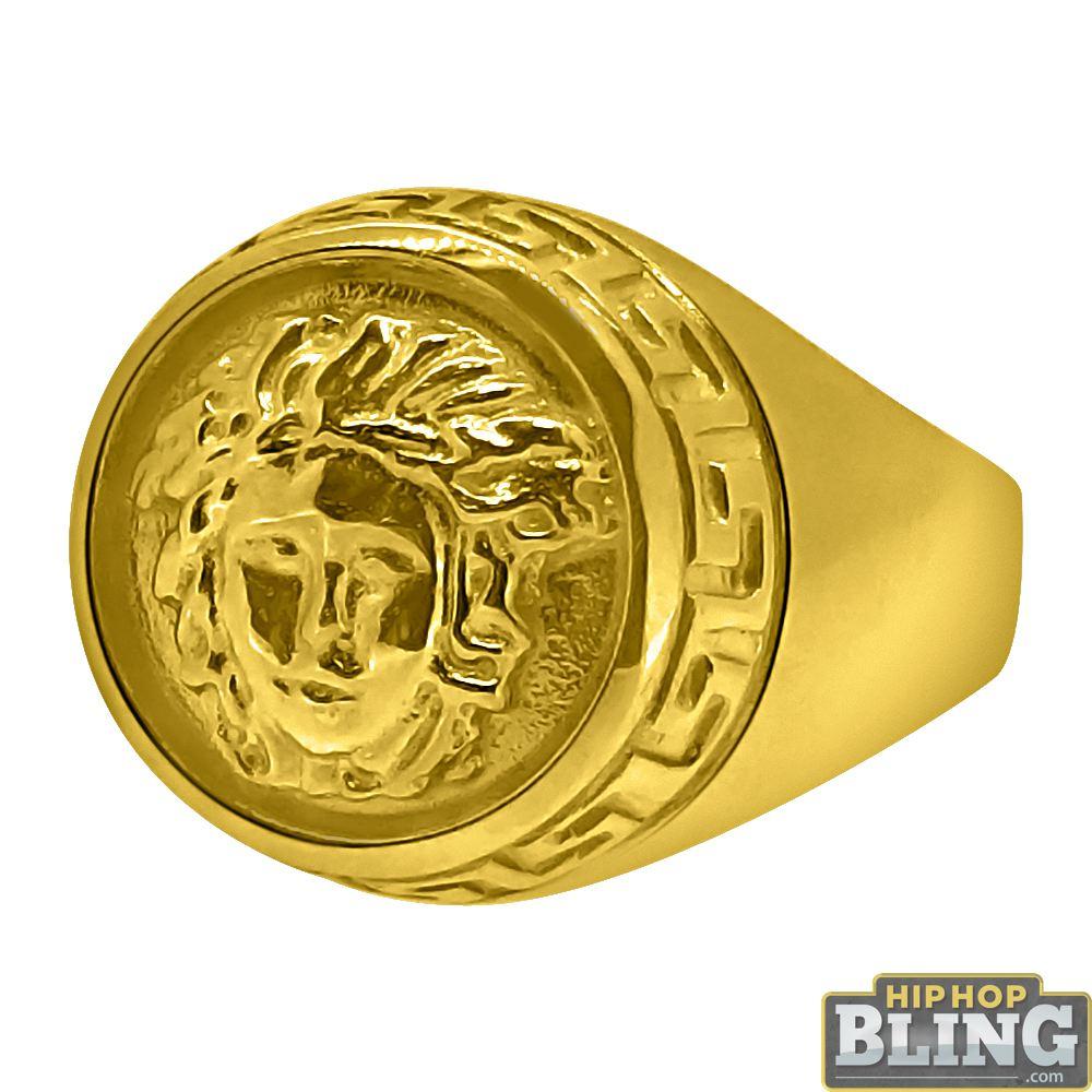 10K Yellow Gold Circle Medusa Ring Greek Trim