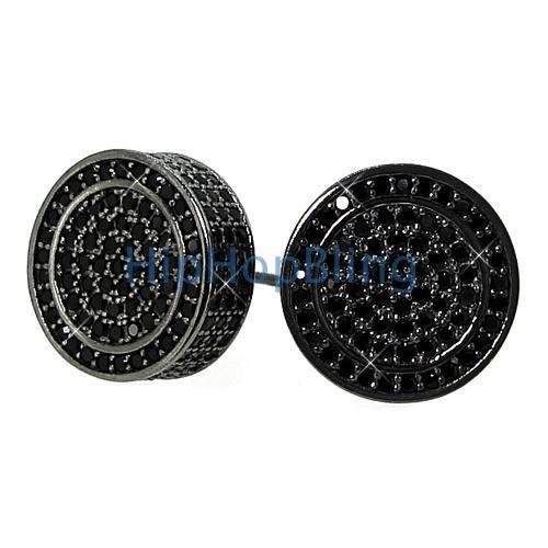 Custom Black CZ 3D Circle Bling Bling Earrings .925 Silver