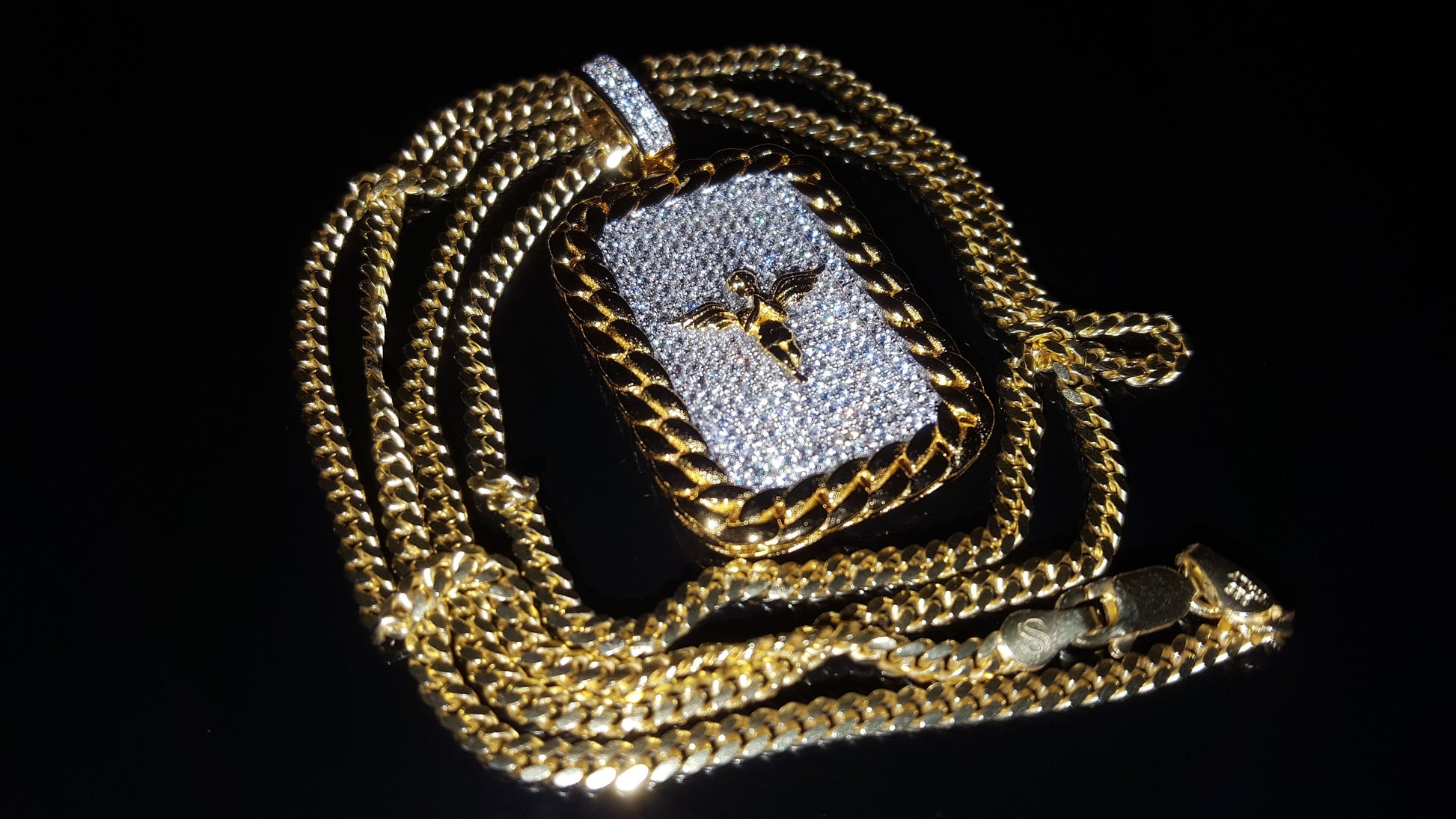 .925 Silver Cherub Angel Gold Cuban CZ Rectangle Pendant