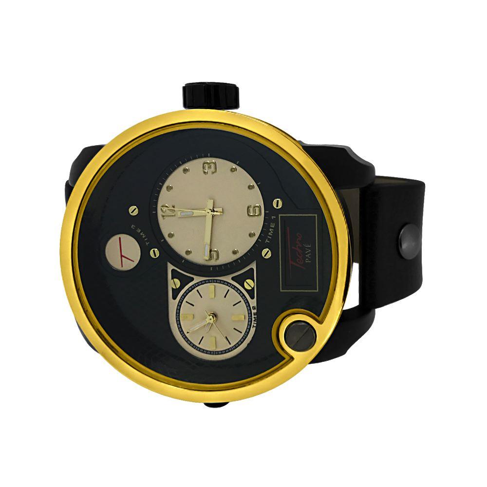 Dual Time Zone Gold Bezel Black Leather Watch