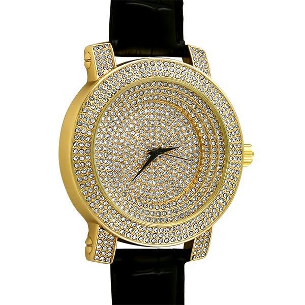 Iced Out Bling Bling Stadium Gold Black Leather Watch