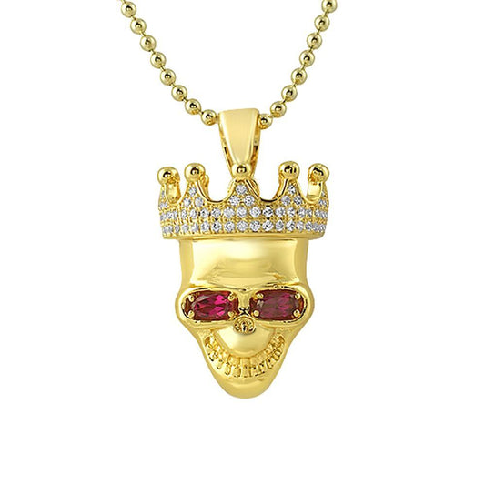 3D Skull Gold Lab Ruby Eyes Micro Pave Pendant